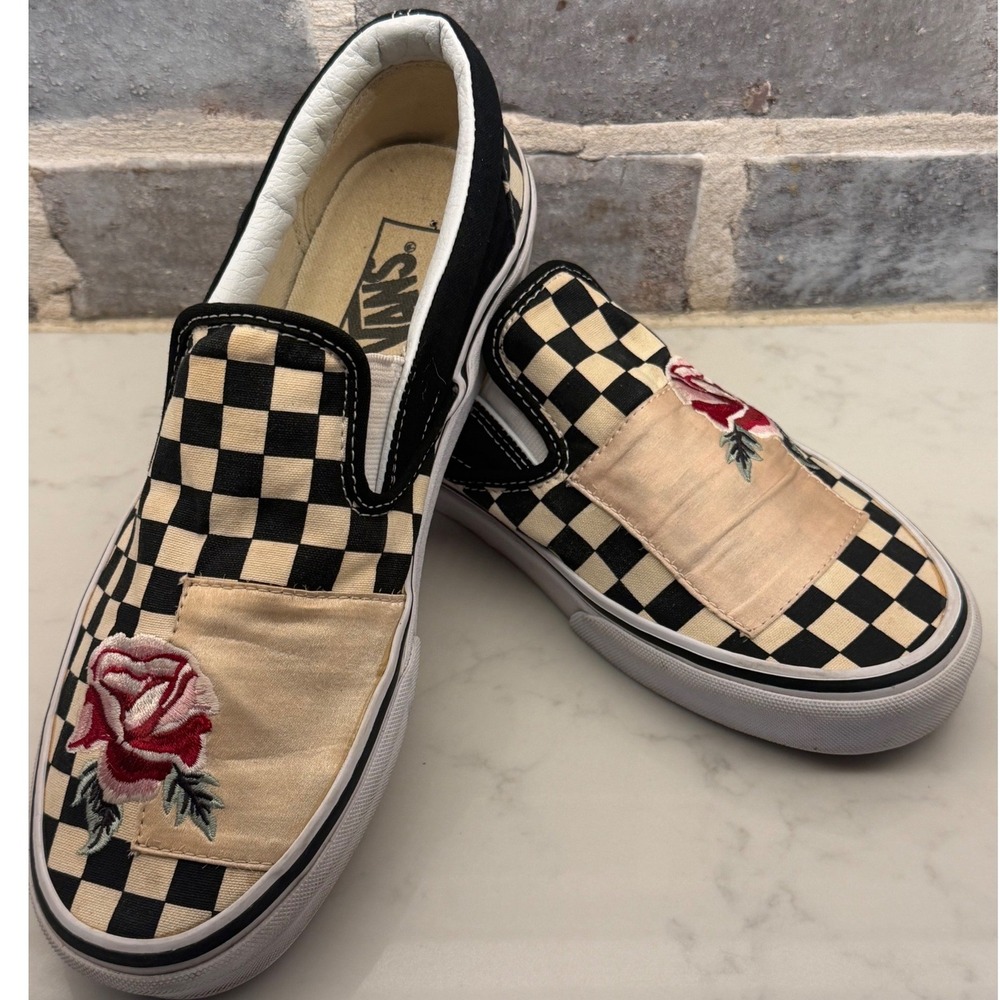 Vans Classic Slip-On Checkerboard Rose Embroidery Sneakers Womens 9.5 Mens 8.0